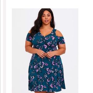 TORRID TEAL FLORAL COLD SHOULDER JERSEY DRESS